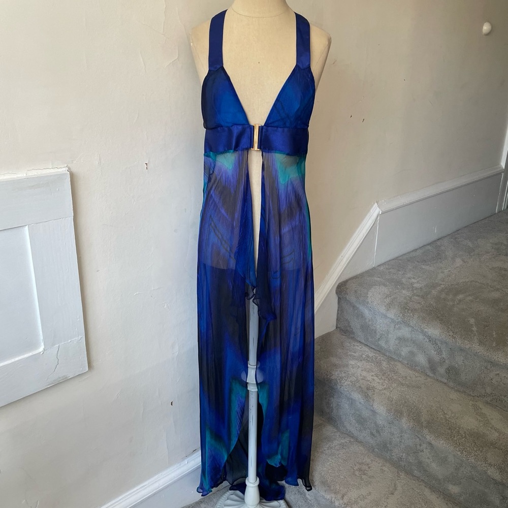 BEACH Bunny Swimwear Bikini Paradise Blue Chevron Silk Maxi Dress Coverup Size M